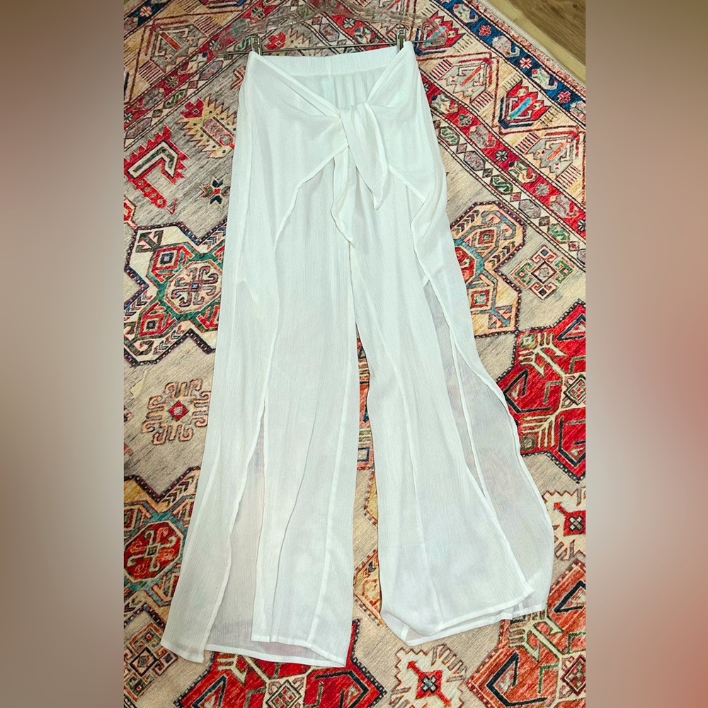 Kona Sol White Tie-Front Wide Leg Swim Cover-Up Pants Size S